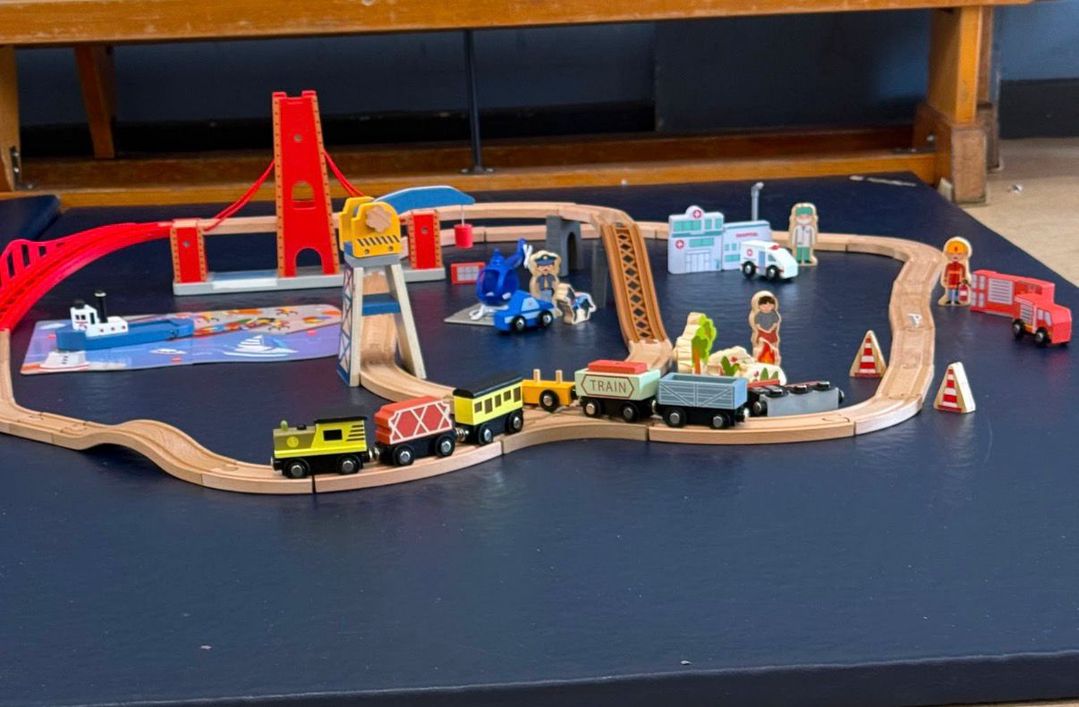 Wooden train set ready for play