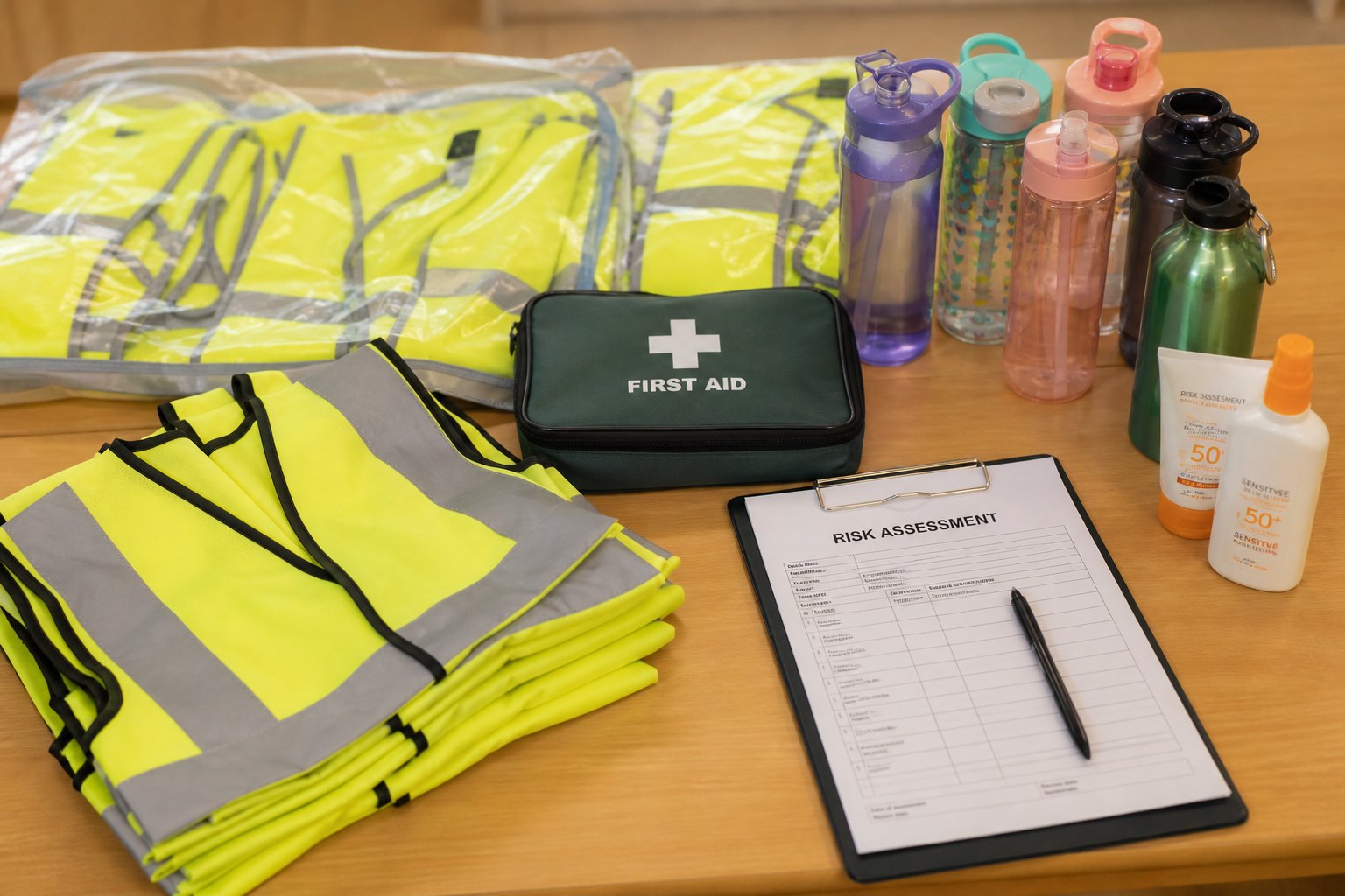 High-visibility vests and trip safety kit ready for an outing