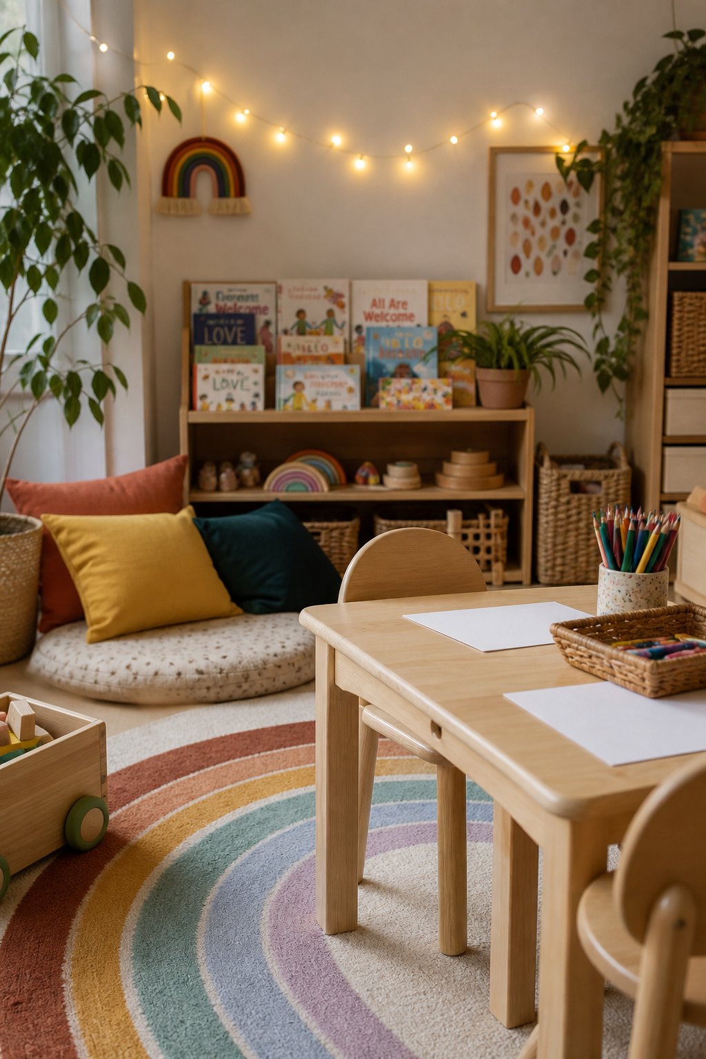 A home-from-home playroom with toys, books and a rainbow rug