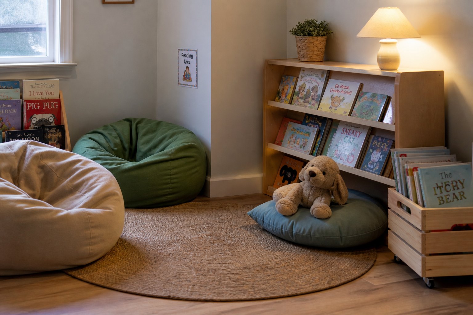 A quiet reading corner with books and beanbags